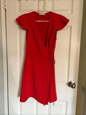 Alice + Olivia Vibrant Red Wrap Dress with Flutter Sleeves